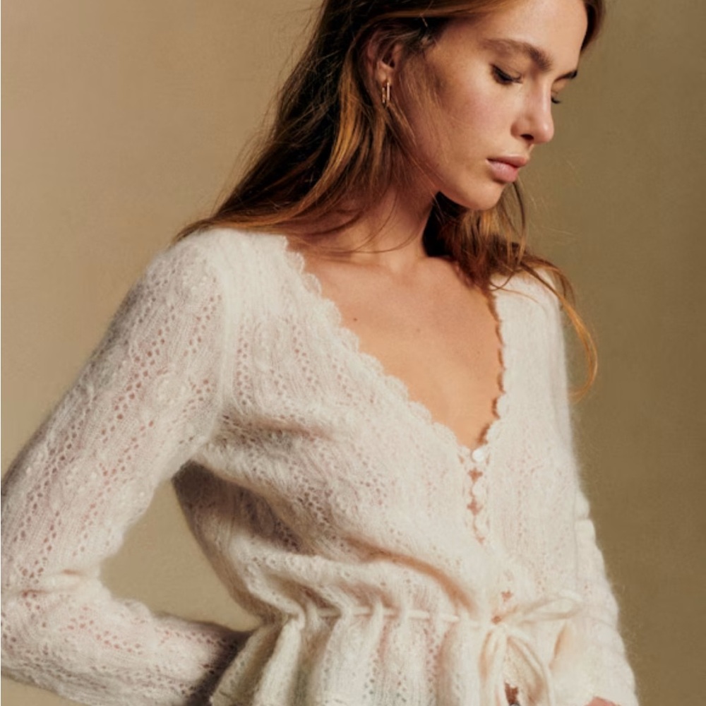 Sezane Soft Lace-Knit Cardigan in Pale Pink